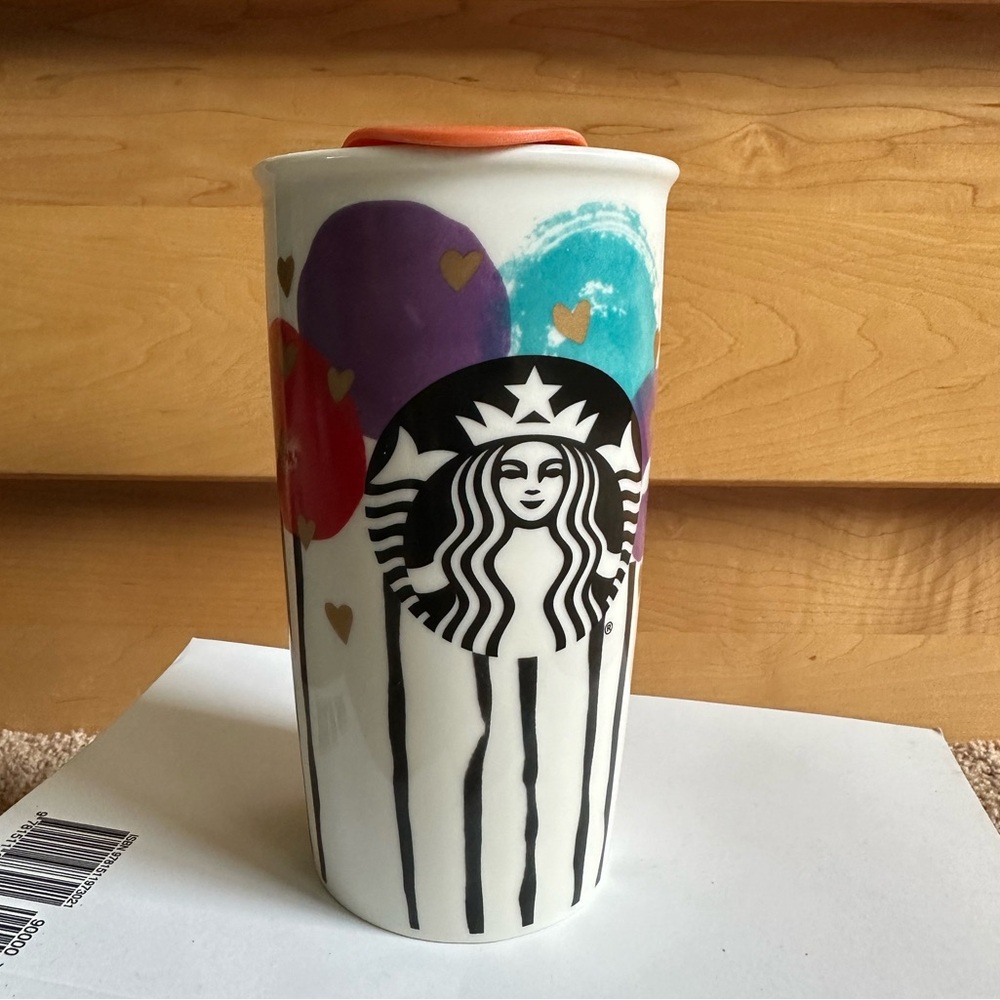 Starbucks Ceramic Travel Mug with Balloons Valentines Day